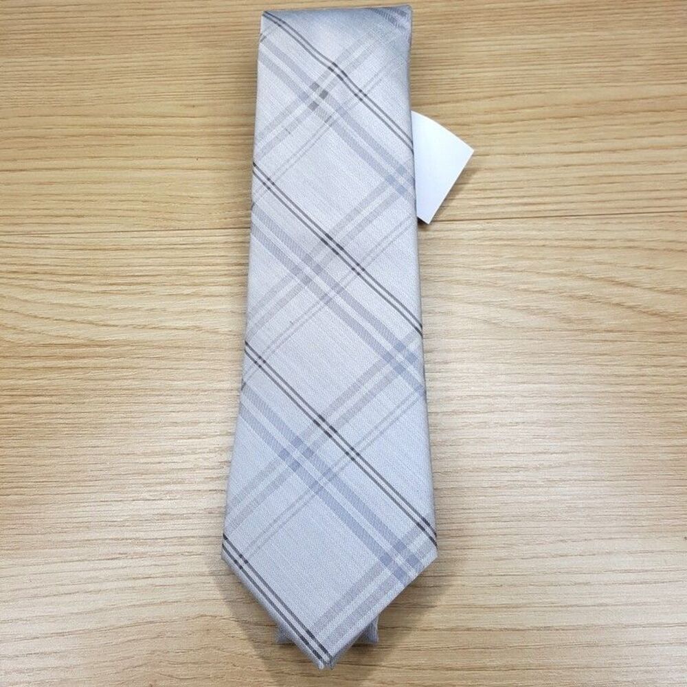 CALVIN KLEIN Mens Neck Tie Gray Diamond Plaid Check Silk Blend
